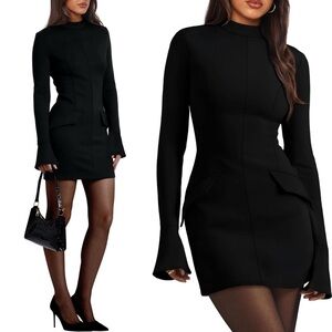 Long Sleeve Mock Neck LBD Black Bodycon Mini Dress